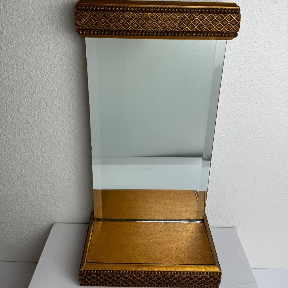 Vintage Gold Leaf Hollywood Mirror w/ Shelf Wood Gold Patina Wall / Table